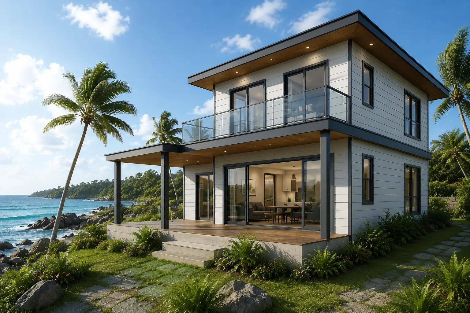 A fiber cement cladding prefab house combines galvanized steel, insulation, and moisture-resistant walls for comfortable, durable tropical living well.