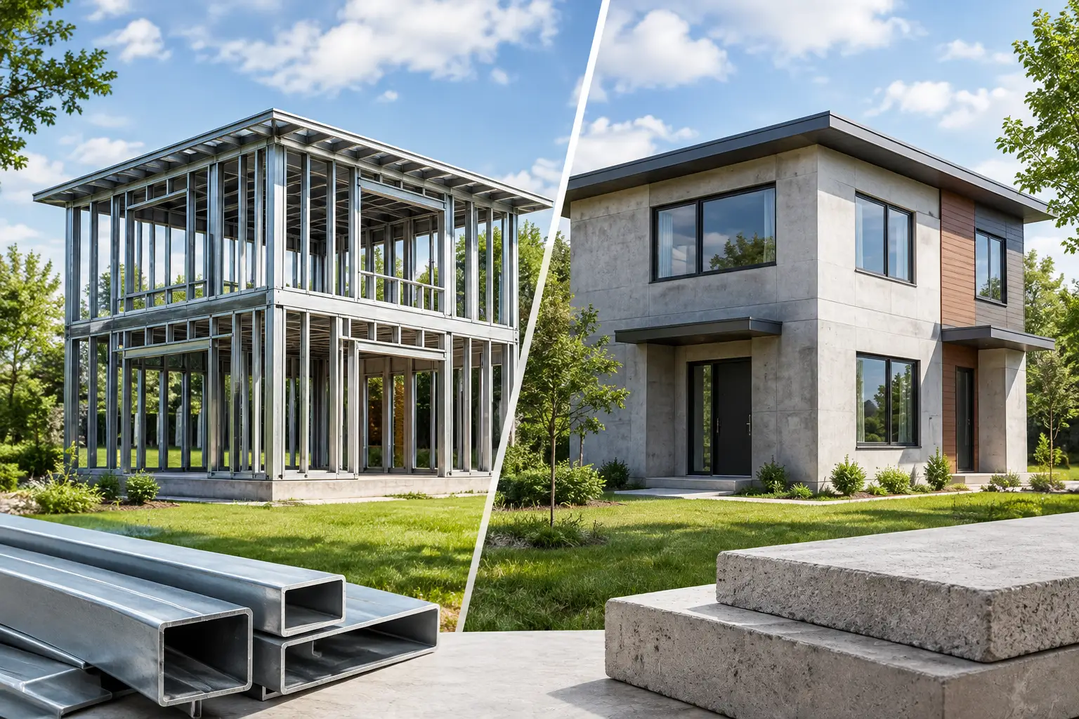 Steel versus concrete affects speed, resilience, comfort, and cost. See how light-gauge steel prefab homes compare with concrete construction methods.